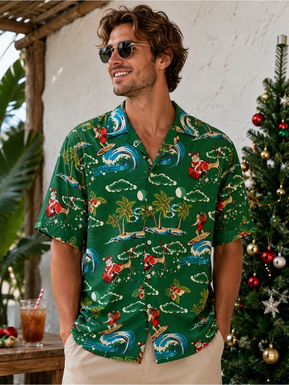 Alvish Surfing Santa Hawaiian Shirt Men’s Large Green Tropical Christmas Camp